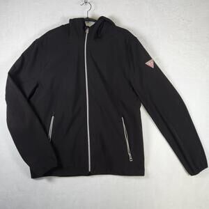 Guess Men’s L Softshell‎ Hooded Jacket Black Full Zip Stretch Logo Patch Casual